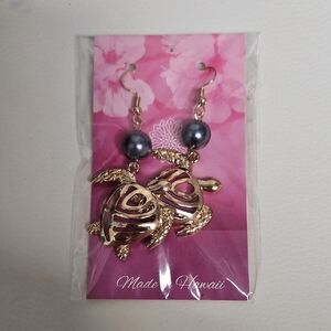 Gold Turtle Earrings with Black Pearls